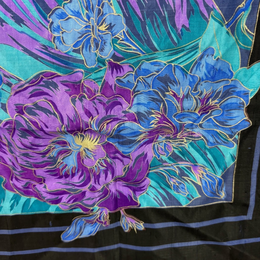Vintage Thai Raw Slub Weave Silk Scarf Blue Purple Green Floral Gold Accents - Picture 2 of 9